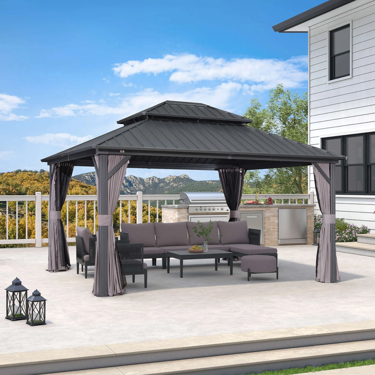 PURPLE LEAF 8' X 8' Gazebo Outdoor Gazebo Permanent Hardtop Gazebo with Galvanized Steel Double Roof for Patio Backyard Deck Aluminum Gazebo with Netting and Curtains Grey