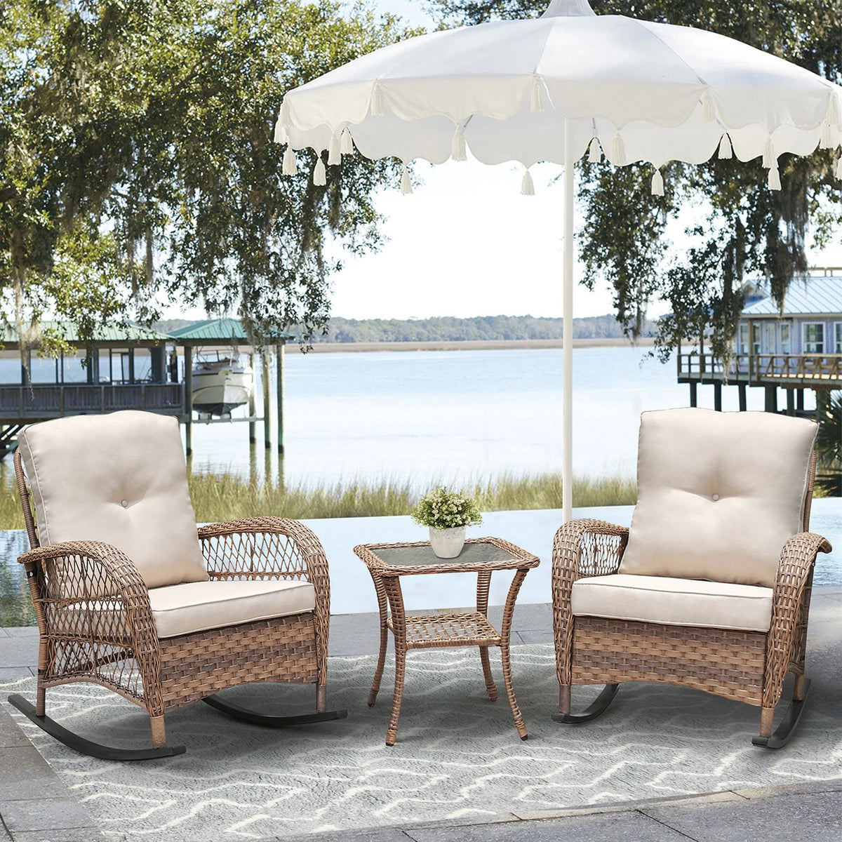 JP Outdoor 3Pcs Outdoor Wicker Rocking Porch Chairs with Coffee Table,Kahki