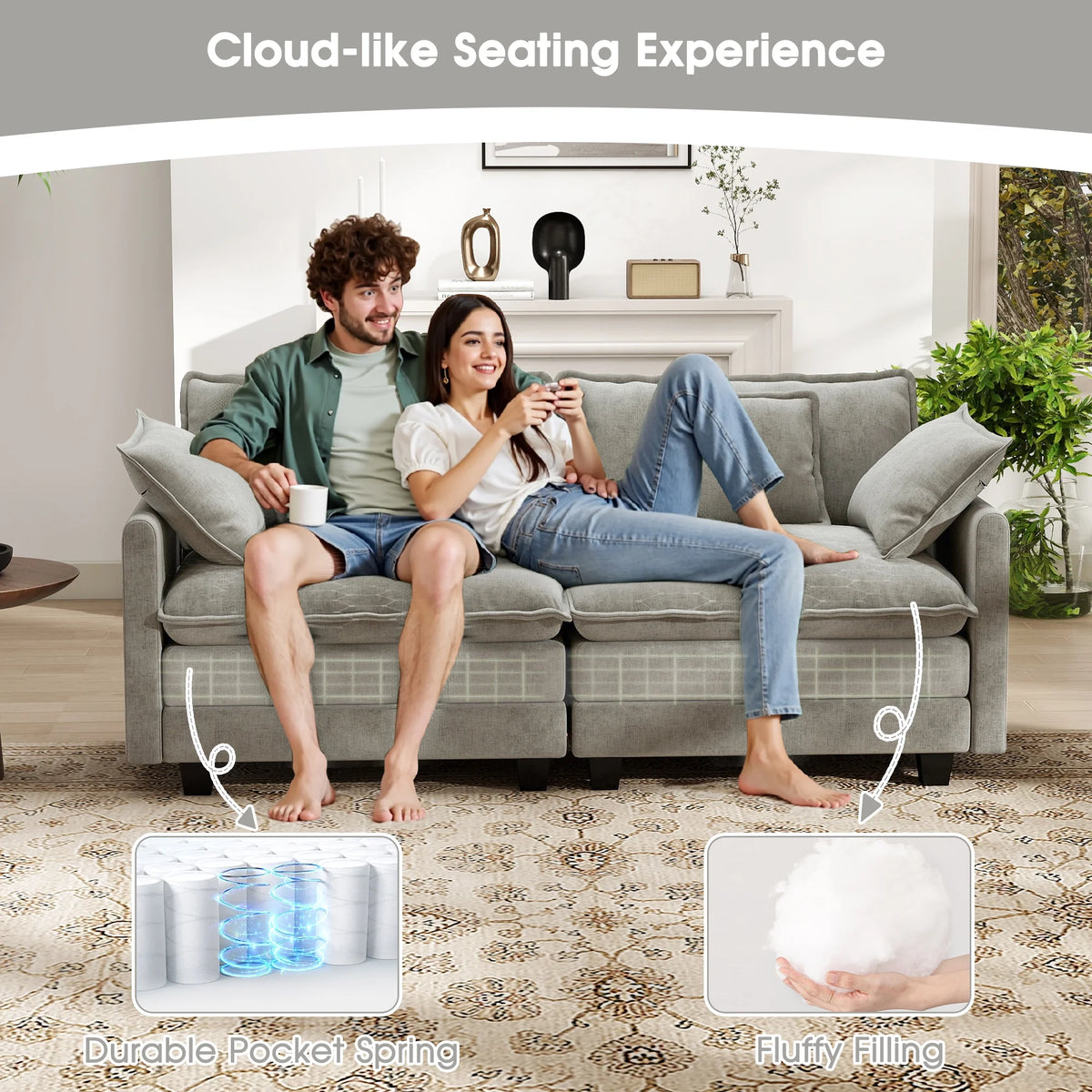 BedLuxury 111.5'' Modular Sectional Sofa with Movable Ottomans, U Shaped Cloud Couch for Living Room, 3-Seat, Beige