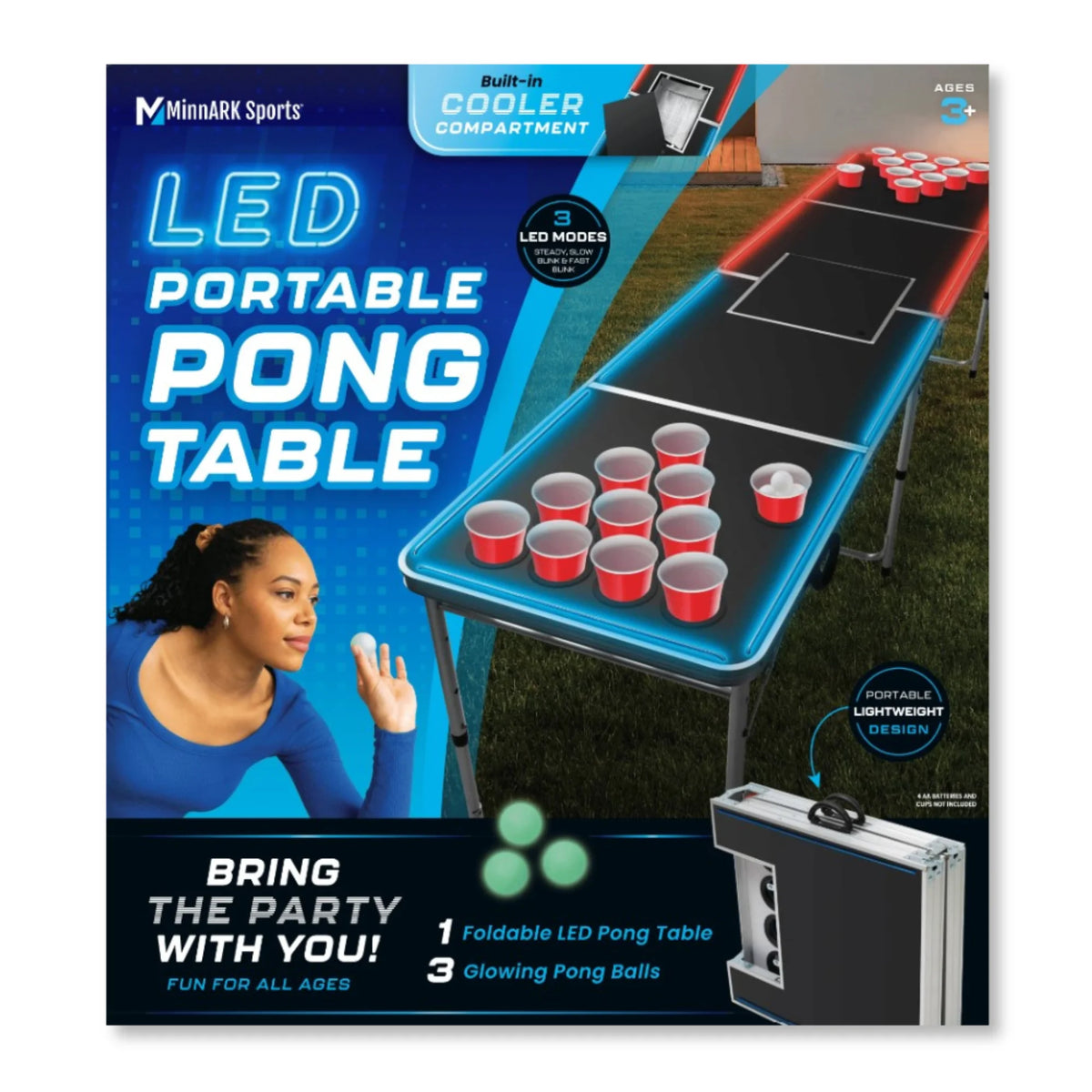 MinnARK Sports LED Portable Pong Table, Folding Party Game Set for Tailgating and Outdoors, 8-Foot Length