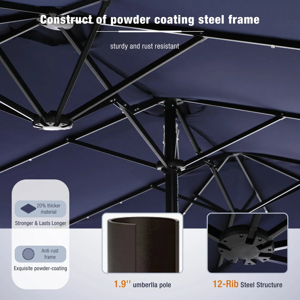 Summit Living 15 FT Double-Sided Solar Patio Umbrella with Base Large Outdoor Umbrella with LED Solar Lights - Haze Blue