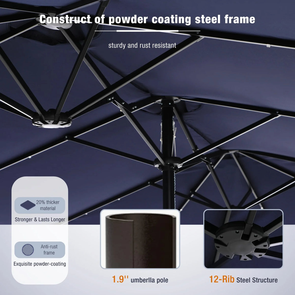 Summit Living 15 FT Double-Sided Solar Patio Umbrella with Base Large Outdoor Umbrella with LED Solar Lights - Haze Blue
