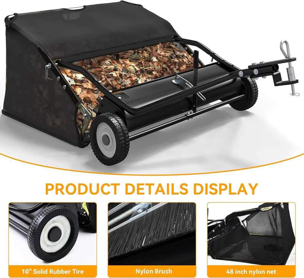 Dextrus 42 in Tow Behind Lawn Sweeper Leaf Collector for Garden Grass Lawn 12 Cu ft Capacity Tractor assembly