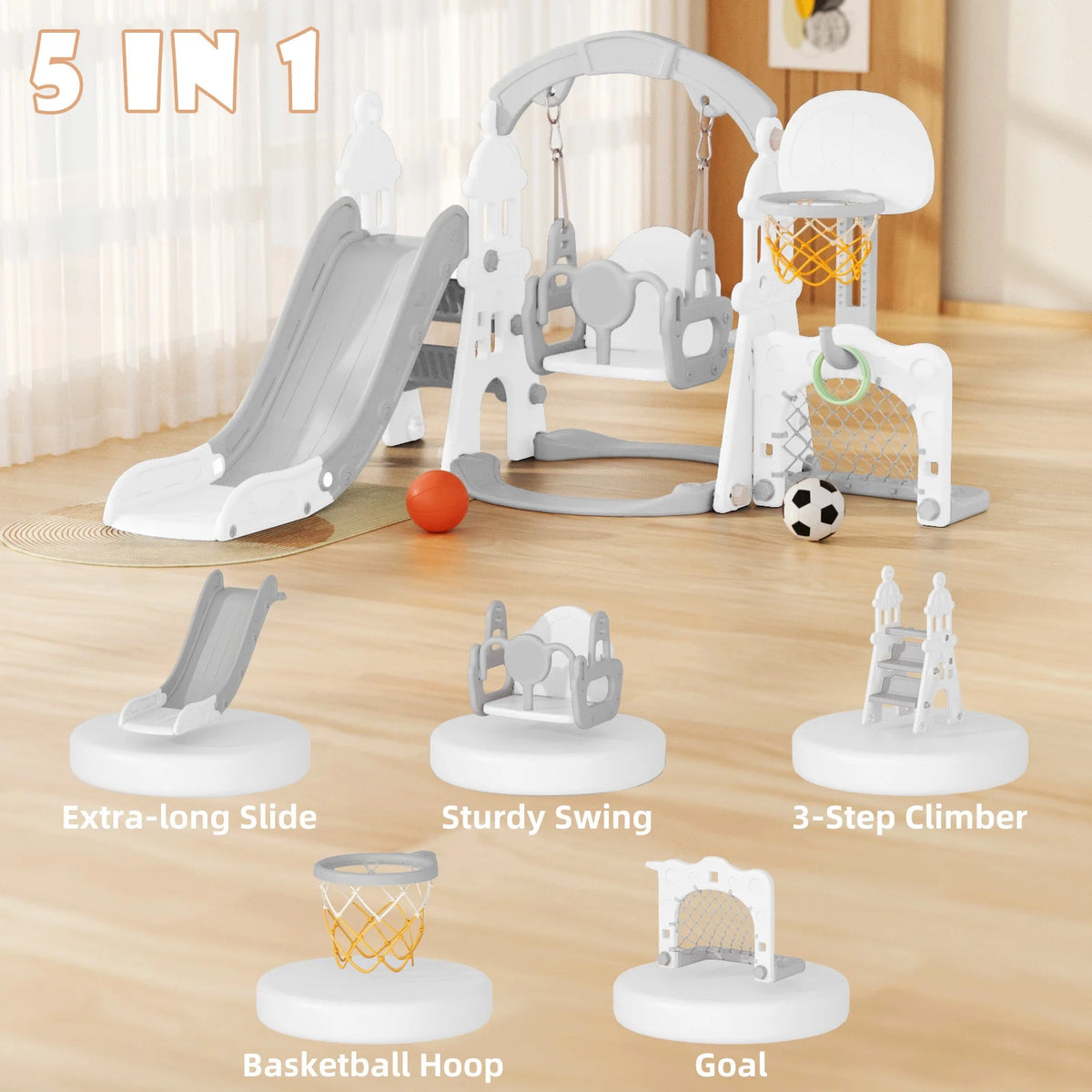 KORIMEFA 6-in-1 Kids Slide and Swing Set - Perfect for Toddlers 1-6 Years - Indoor and Outdoor Playground Slide, Swing, Basketball Hoop, and Climber Toy