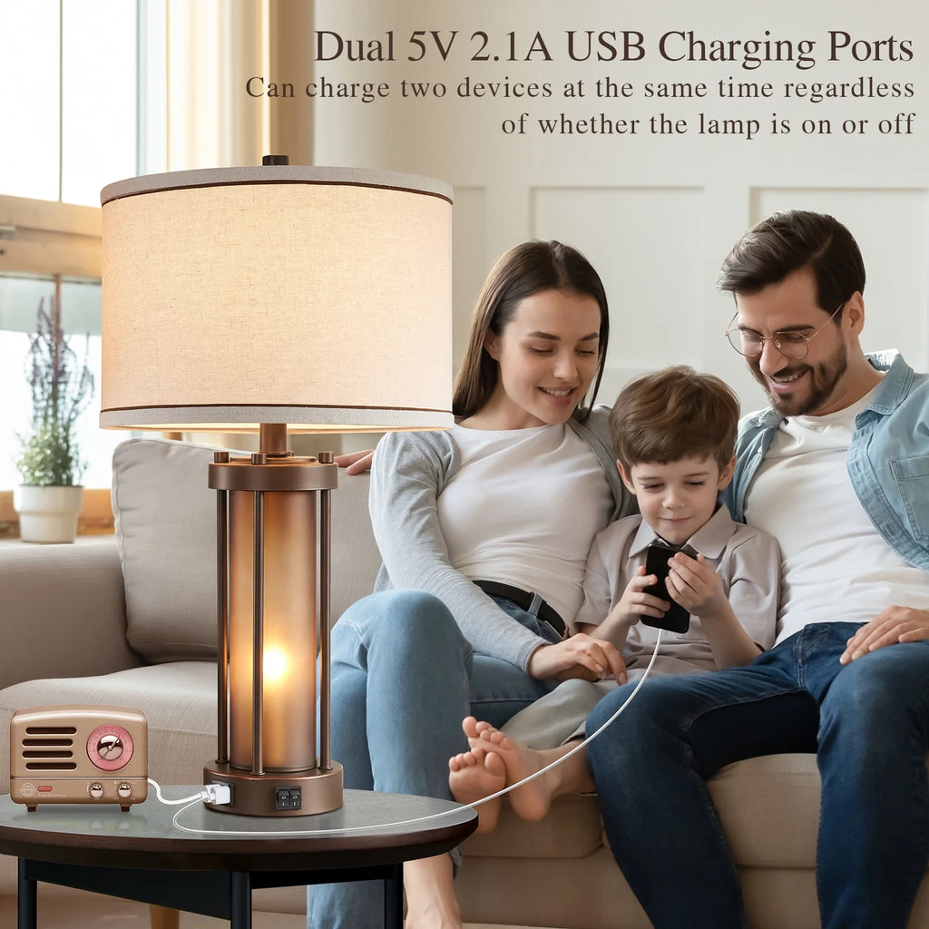 RORIA 24 Modern Living Room Table Lamp 2-Piece Set with 2 USB Charging Ports, Built-in White Frosted Glass with Night Light, Black Vintage Rustic Farmhouse Lamp for Bedroom Nightstand Lamps