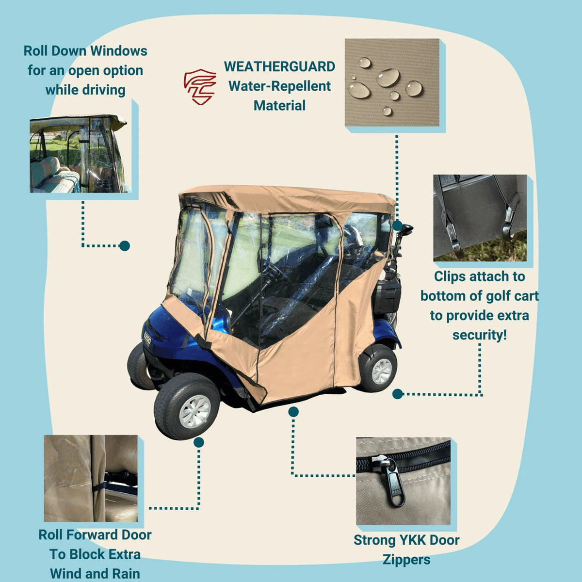Covered Living 2 Passengers Driving Enclosure Roof 56" - 60" Straight Down Tail in Taupe Golf Cart Cover