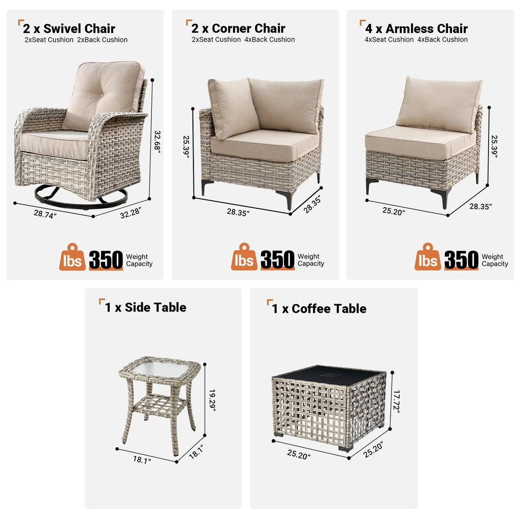 Vcatnet Outdoor Patio Furniture Sets 10 Pieces Sectional Sofa Wicker Conversation Set with Swivel Glider Chairs and Solar Powered Coffee Table for Porch,Backyard,Gray