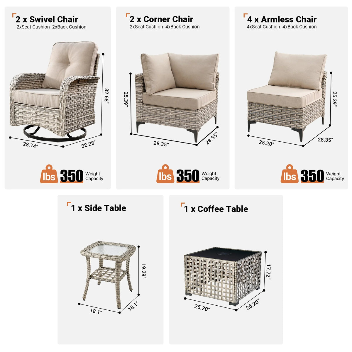 Vcatnet Outdoor Patio Furniture Sets 10 Pieces Sectional Sofa Wicker Conversation Set with Swivel Glider Chairs and Solar Powered Coffee Table for Porch,Backyard,Gray
