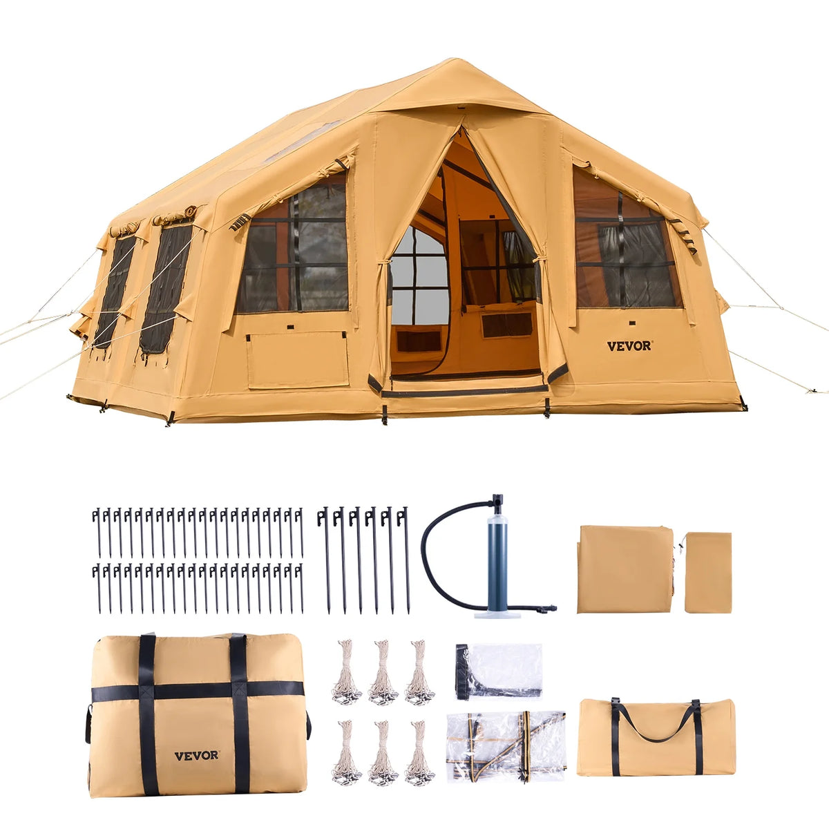 VEVOR Inflatable Tents for Camping,8-12 Person Easy Setup Blow up Tent with Hand Pump,4 Season Luxury Glamping Tent with 2 Skylights, Canopy,Stove Jack, 2 Doors & Mesh Windows(Include Storage Bag)