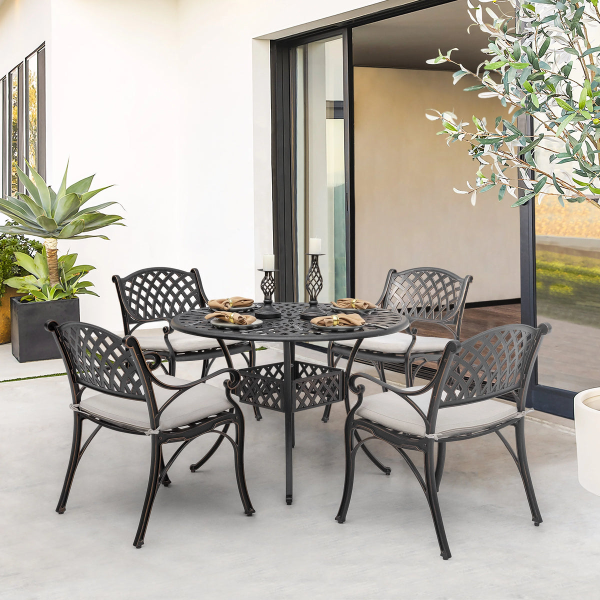 Nuu Garden 5-Piece Outdoor Bar Set, Outdoor Patio Dining Furniture Set, Round Dining Table with Umbrella Hole and Patio Dining Chairs, Bronze
