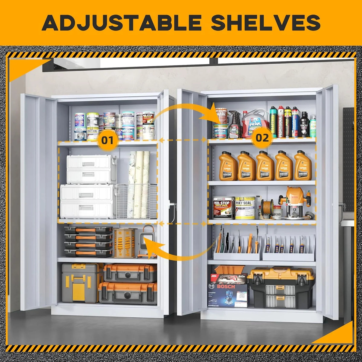 SOLAURA 72 inches Tall Metal Garage Storage Cabinets, Lockable Steel Storage Cabinet with Doors and Adjustable Shelves for Office, Home, Shops, Garage, Assembly Required, Black