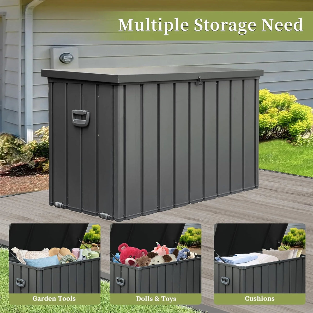 100 Gallon Outdoor Storage Deck Box Waterproof, Large Patio Poolside Storage Bin for Outside Cushions, Throw Pillows, Garden Tools (Dark Gray)