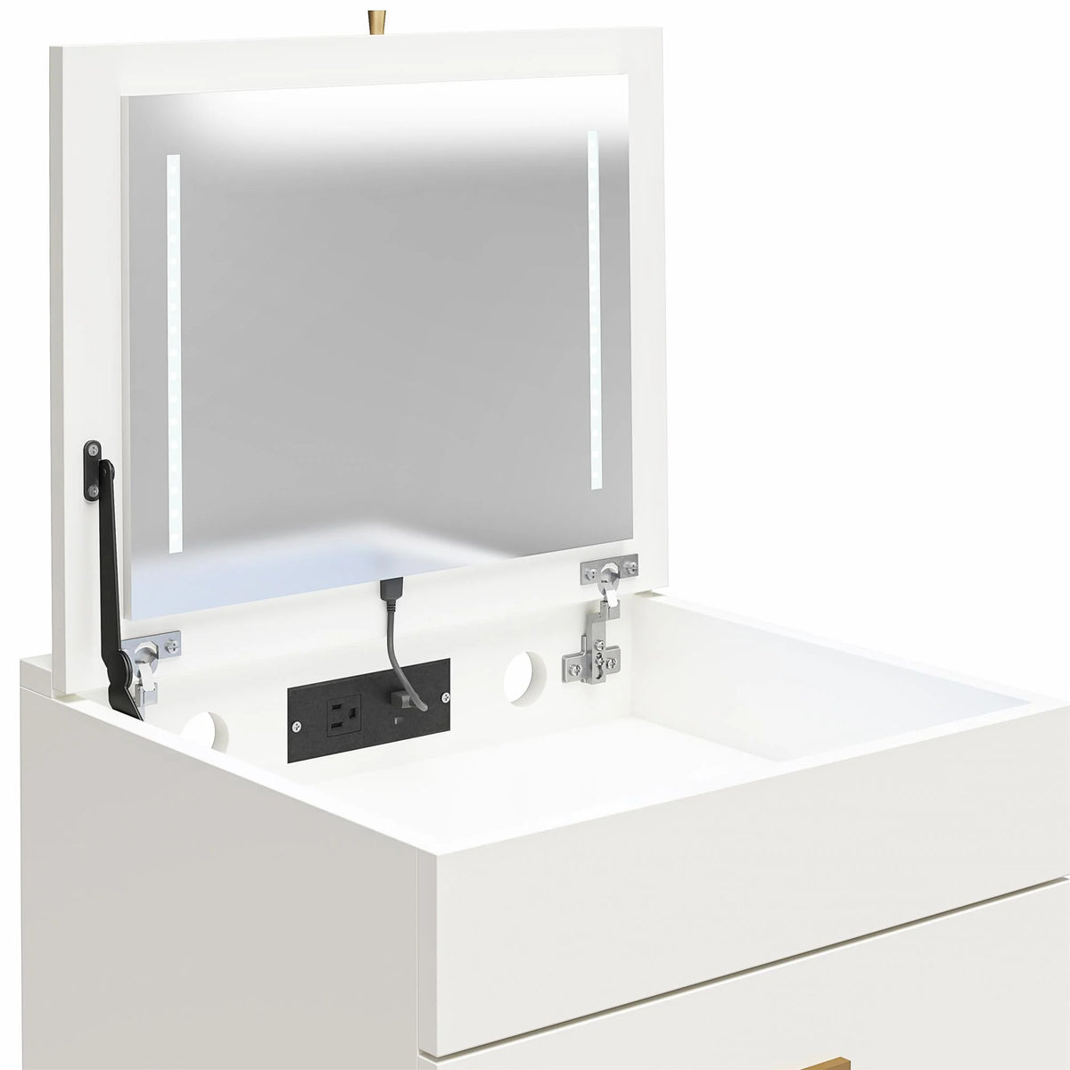Ameriwood Home Compact 3-in-1 Vanity Set, Makeup Storage Desk & Stool, Mirror w/ LED lights & USB Charging Station, White