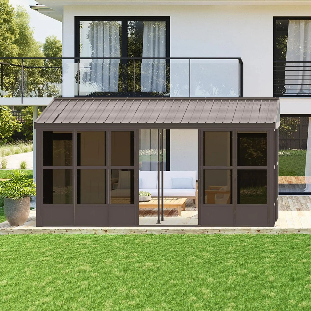 Domi Outdoor Living 10' x 12' Hardtop Lean-to Gazebo, Wall-Mounted with Galvanized Steel Roof Wall Pergola with Aluminum Frame, Curtains and Netting, for Patio, Deck, Garden, Backyard