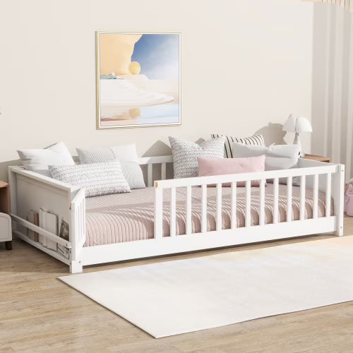 Bellemave Twin Size Floor Bed with Fence, Montessori Floor Twin Bed with Built-in Book Rack, Solid Wood Twin Bed with Slats and Safety Guardrails, Natural
