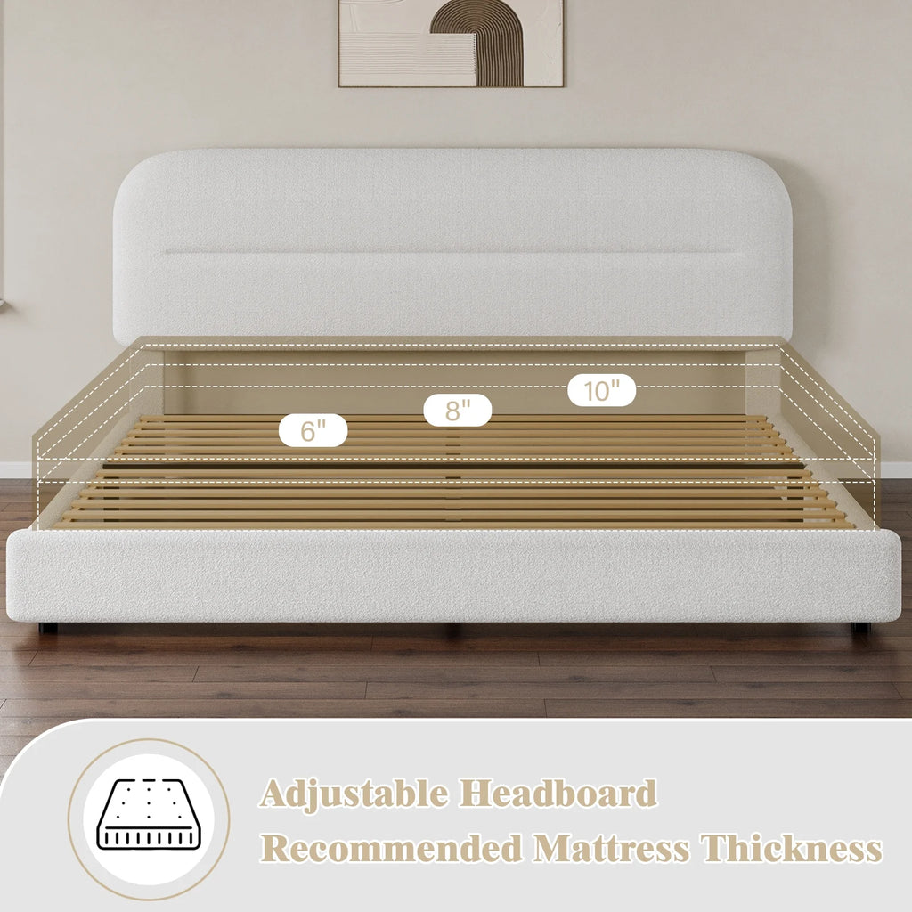 4 EVER WINNER Queen Bed Frame with Headboard, Boucle Upholstered Platform Bed Frame wiith Rounded Corner, Soft Cloud Bed Frame, No Box Spring Needed, White