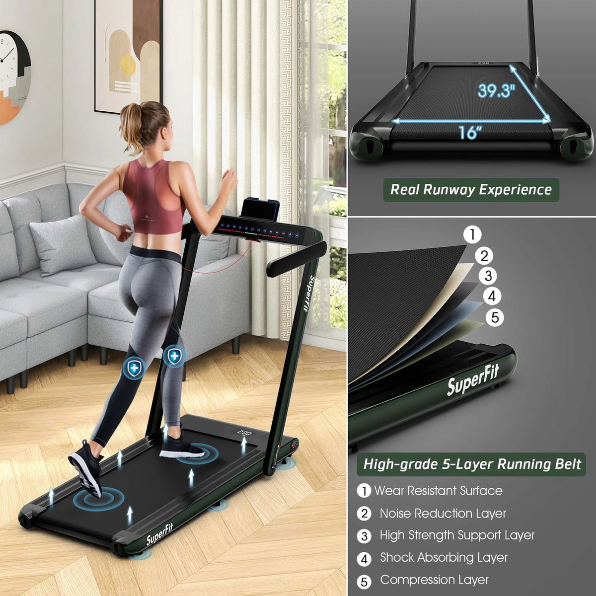 SuperFit Up To 7.5MPH 2.25HP 2 in 1 Dual Display Screen Treadmill Jogging Machine W/APP Control Silver