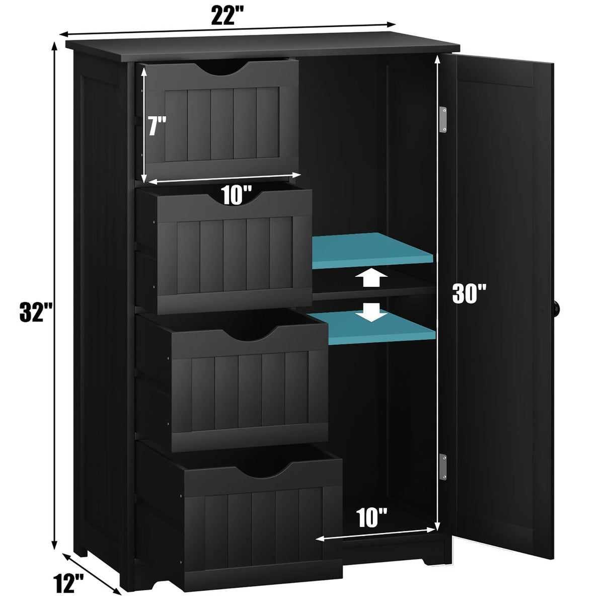 Bathroom Storage Wooden 4 Drawer Cabinet Cupboard 2 Shelves Free Standing White