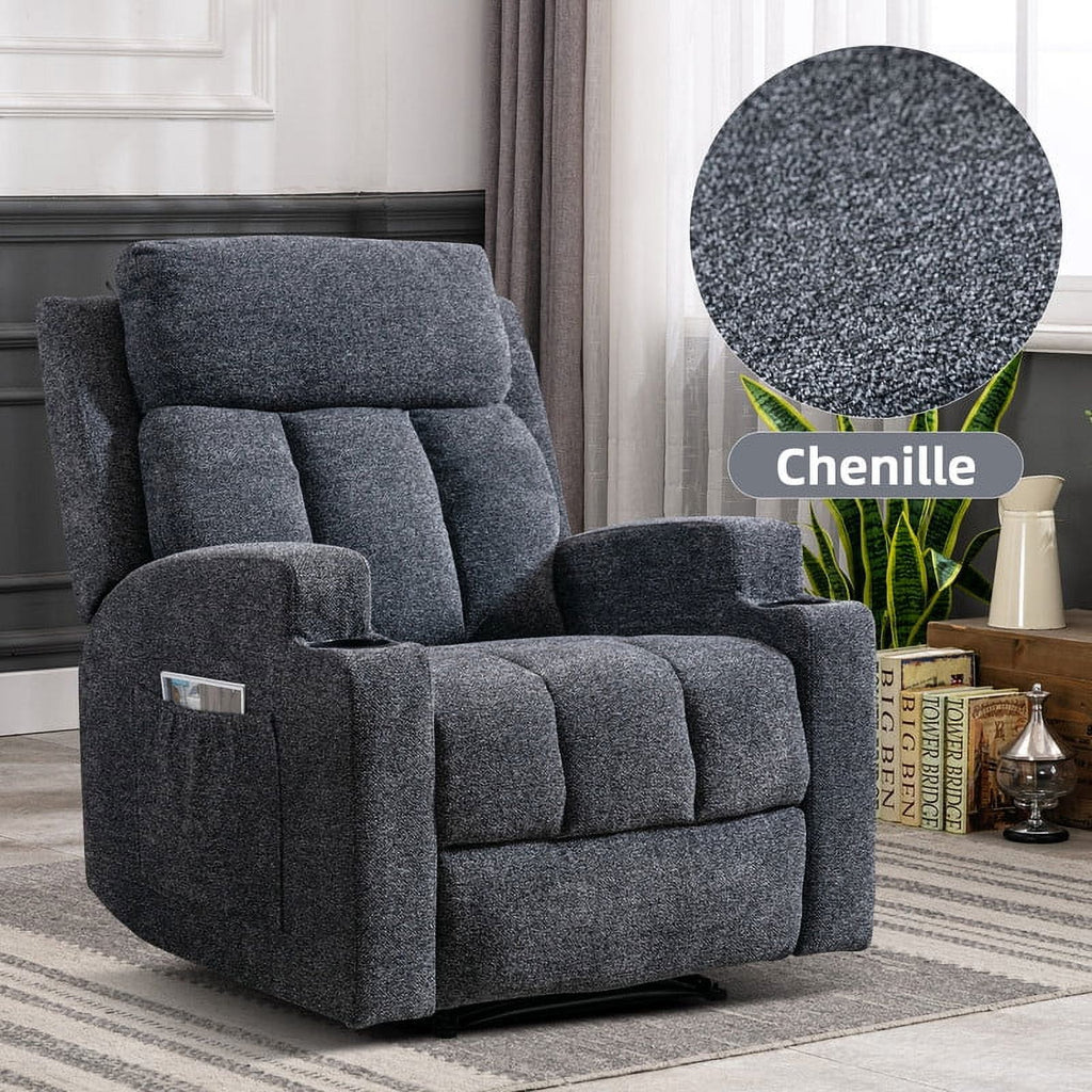 Bonzy Home Heated Manual Massage Recliner with Cup Holder Padded Breathable Fabric Recliner, Home Theater Seating Navy
