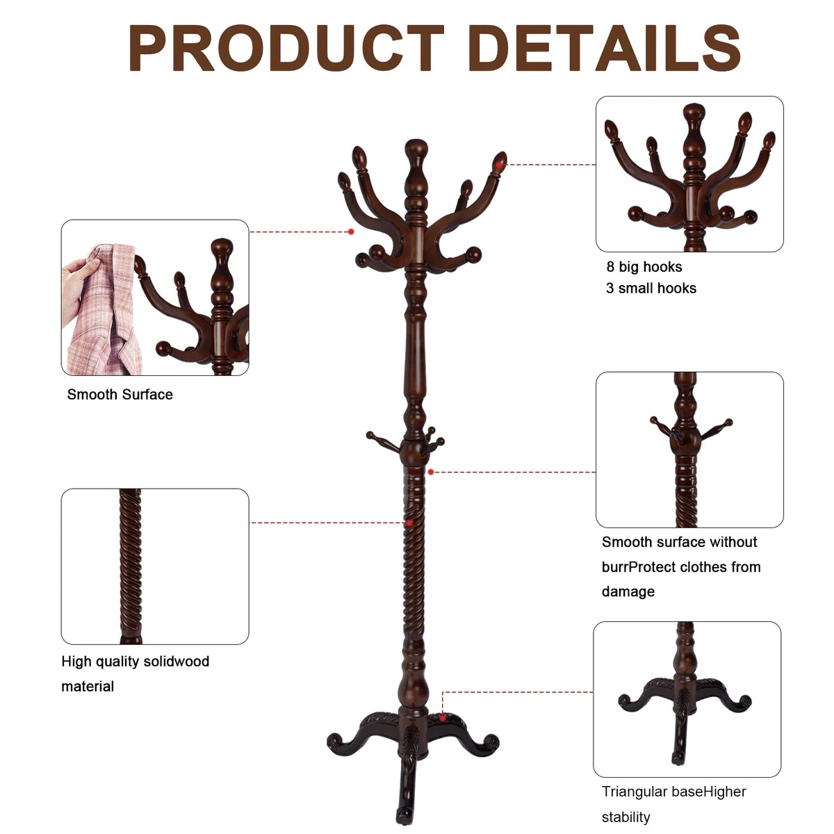 Coat Rack Freestanding, Hall Tree with 11 Hooks, Heavy Duty Wooden Coat Tree Stand, Adjustable Height, Sturdy Base for Bedroom Hallway Office - Load 270lbs