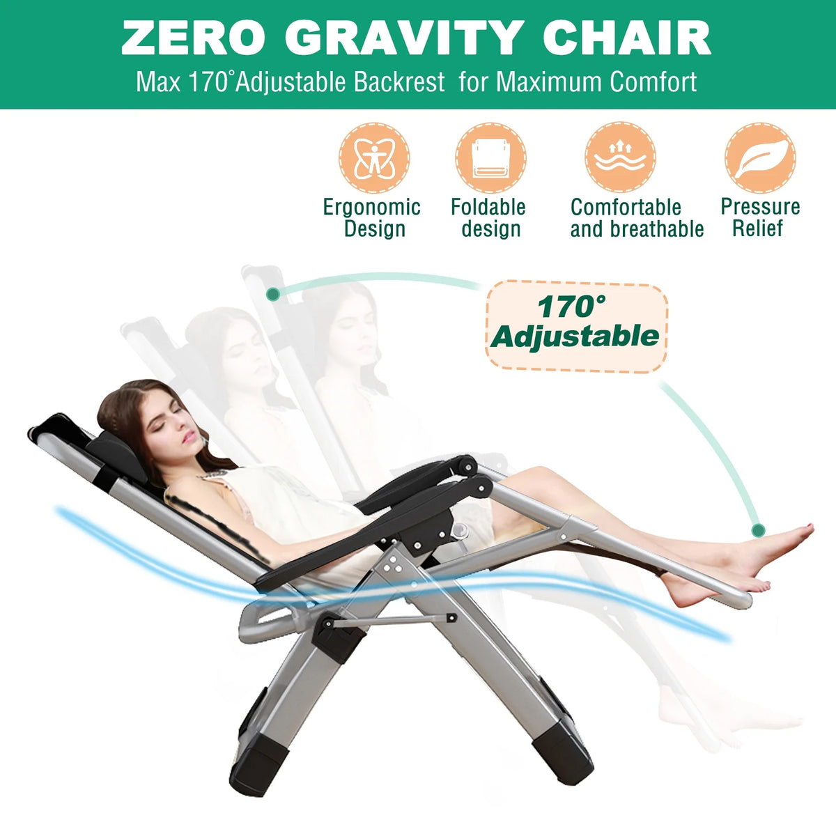 NAIZEA Zero Gravity Chair with Removable Cushion and Cup Holder Black