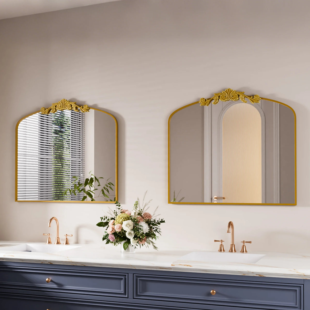Swafrrt 28x20 inch Gold Arch Mirror, Vintage Lace Wall Mirror, Aluminum Frame, Baroque Gold Lace Bathroom Mirror, Suitable for Wall, Tempered Glass, Can Hung Vertically or Tilted