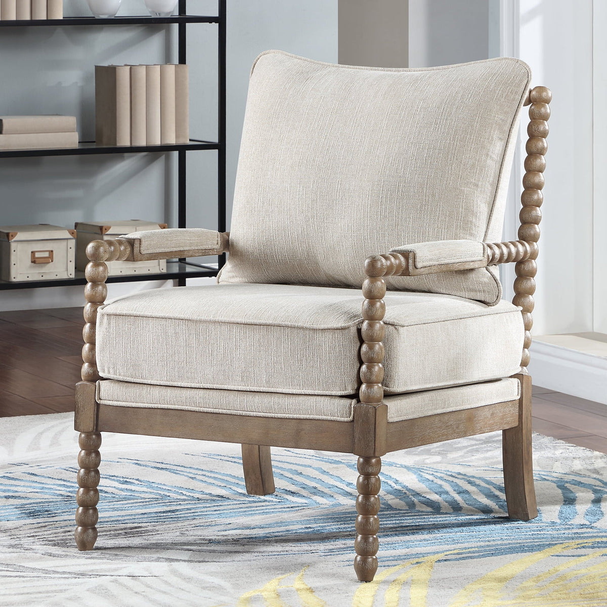 Duhome Upholstered Dining Chair Spindle Spool Accent Chair Linen Fabric Armchair with Wood Frame, Brown+Beige