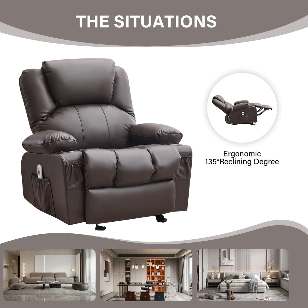 JONPONY Manual Recliner Chair with Heat Therapy and Massage Function, Heavy Duty Reclining Mechanism Massage Chair, Elderly Single Rocker Sofa with Cup Holders for Bedroom Home Theater,Black