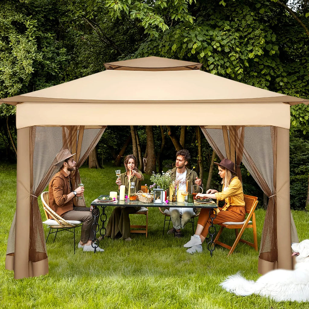 HOTEEL 12x12 Outdoor Pop-up Gazebo Canopy with Mosquito Netting 2-Tiered Vented Top 3 Adjustable Height for Backyard, Garden, Lawn,Light Grey