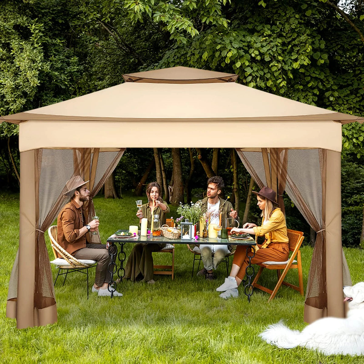 HOTEEL 12x12 Outdoor Pop-up Gazebo Canopy with Mosquito Netting 2-Tiered Vented Top 3 Adjustable Height for Backyard, Garden, Lawn,Light Grey