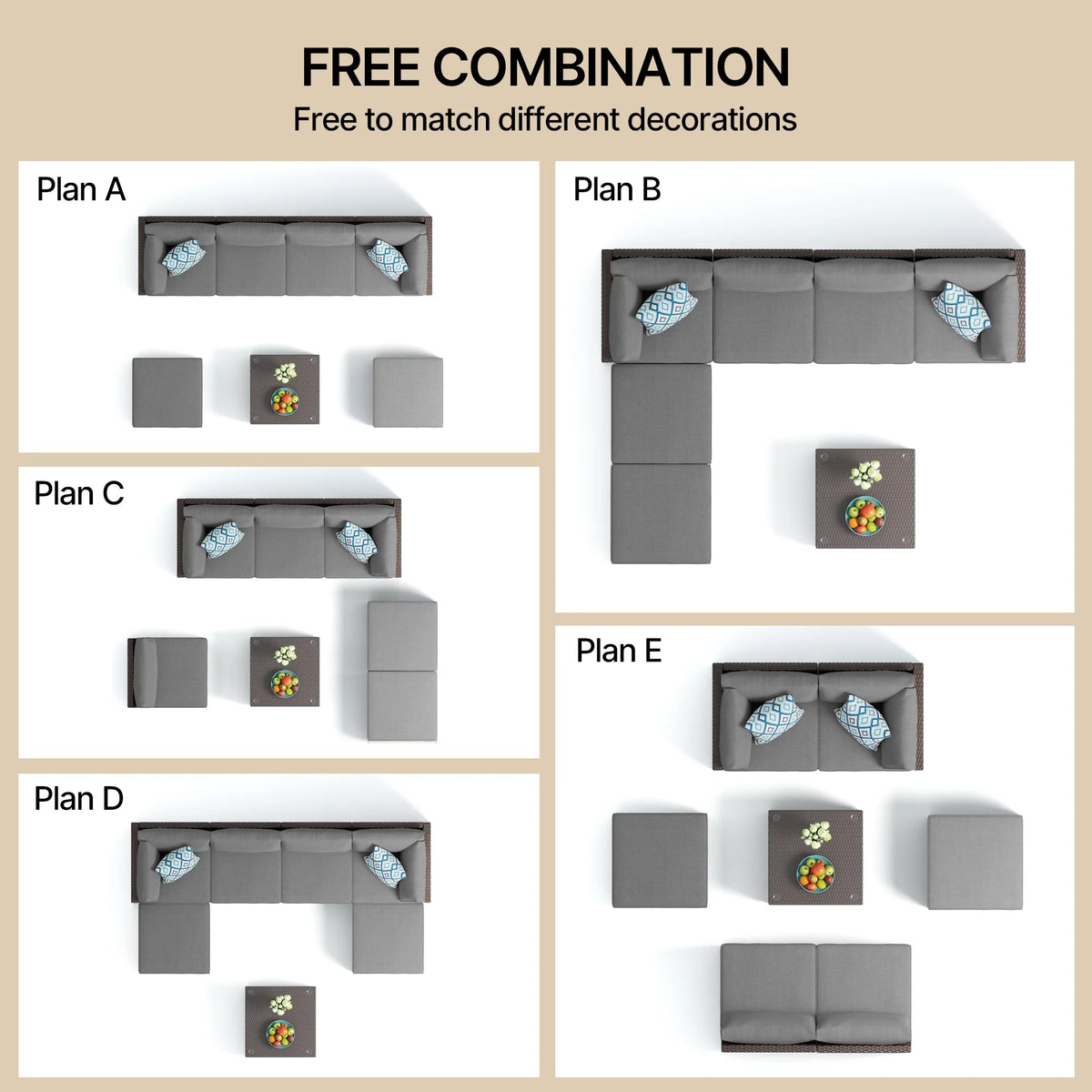 7 Piece Outdoor Patio Furniture Set, Asofer Rattan Wicker Outdoor Conversation Sectional Sofa Set, Gray