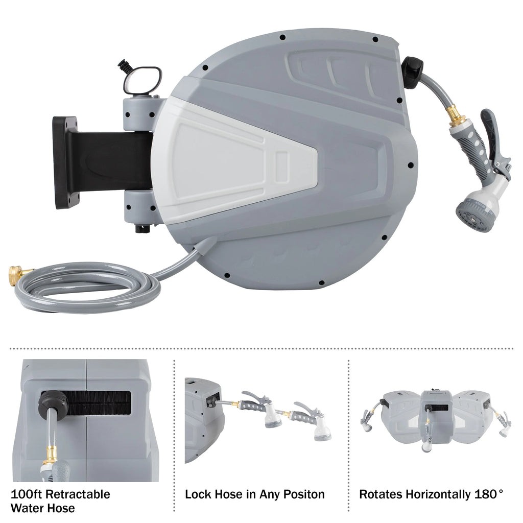 Pure Garden 100 FT Retractable Hose with Wall Reel and 9 Nozzle Patterns