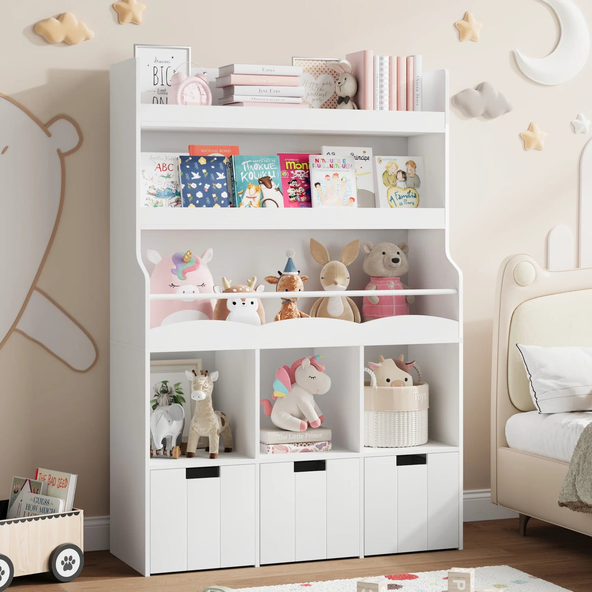 Homfa 55.5 H Kids Bookshelf with 2-Tier Book Shelves, Children Toy Organizer with 3 Cubes and Removable Drawers, White
