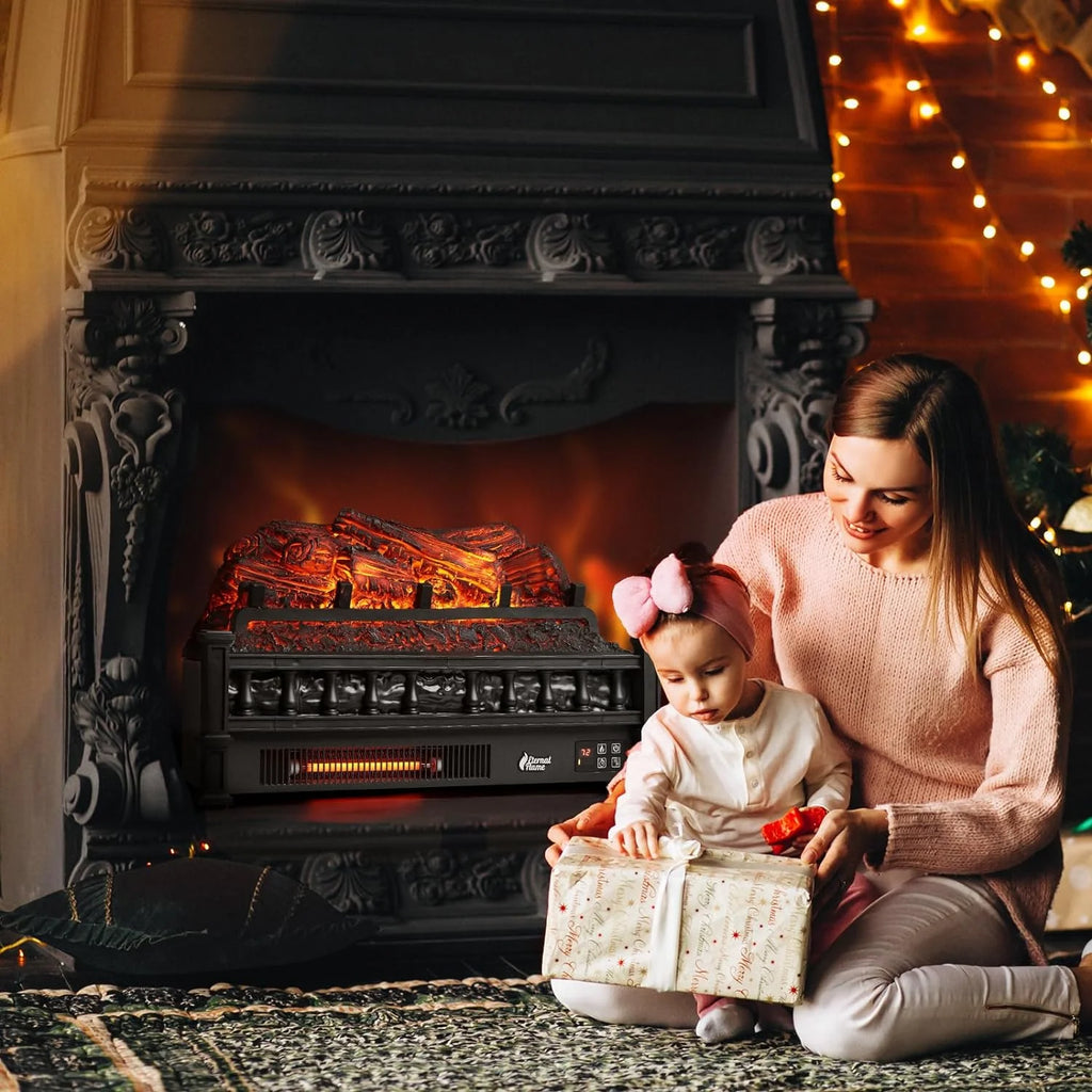 TURBRO Eternal Flame Infrared Electric Fireplace Logs, 23" Remote Control Fireplace Insert Log Heater, Realistic Lemonwood Ember Bed, Thermostat, Timer, 1500W Black