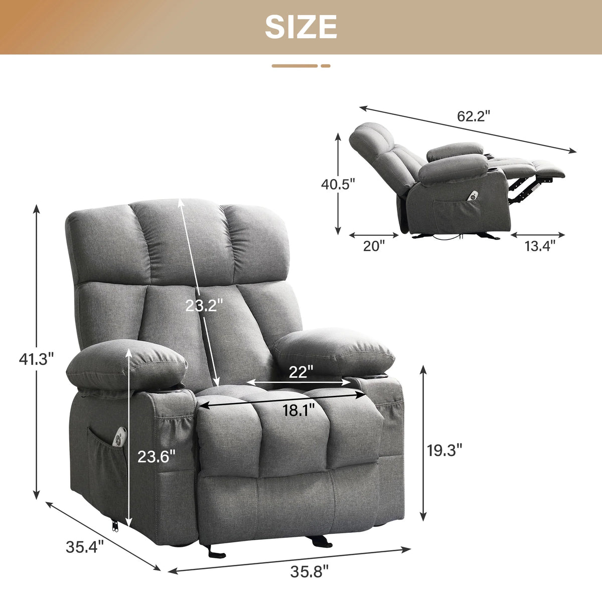 JONPONY Manual Recliner Chair with Heat Therapy and Massage Function, Heavy Duty Reclining Mechanism Massage Chair, Elderly Single Rocker Sofa with Cup Holders for Bedroom Home Theater,Grey
