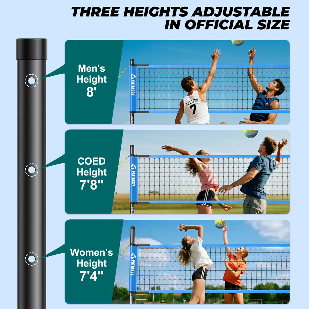 Patiassy Outdoor Portable Volleyball Net Set System for Backyard - Quick & Easy Setup Adjustable Height Steel Poles, PU Volleyball, Pump and Carrying Bag