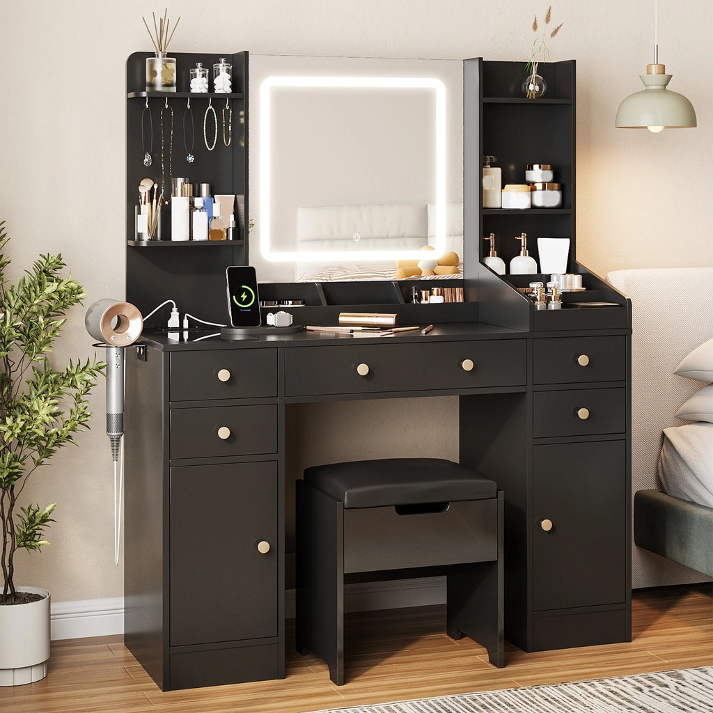 Vanity Set with Mirror and Lights, Makeup Table with Charging Station,5 Drawers & Storage Shelves, White