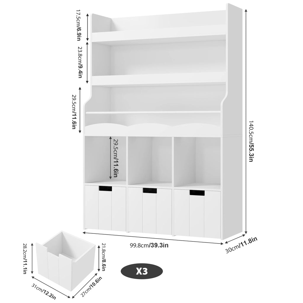 Homfa 55.5 H Kids Bookshelf with 2-Tier Book Shelves, Children Toy Organizer with 3 Cubes and Removable Drawers, White