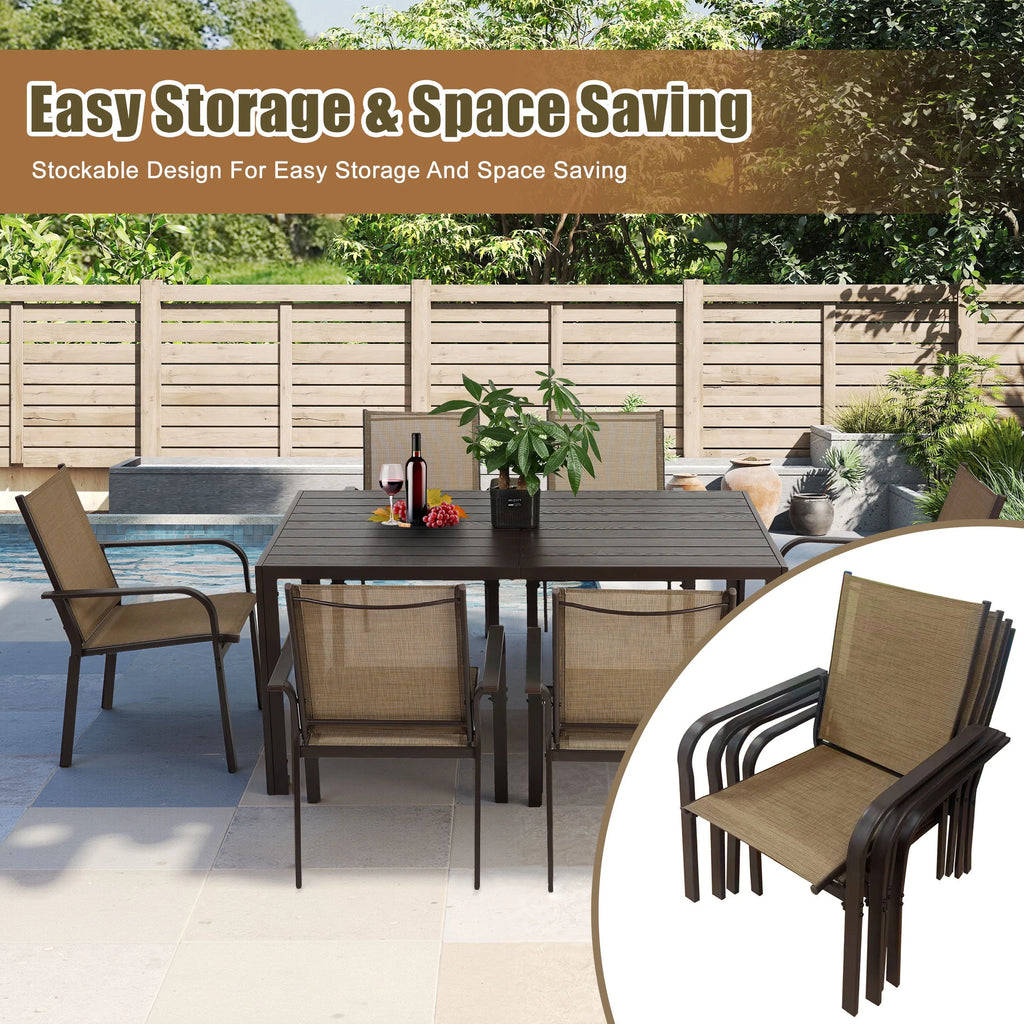 7 Piece Outdoor Dining Set, Patio Dining Table Set for 6 Persons, Garden Patio Textilene Dining Furniture Set with Plastic-Wood Tabletop, Dining Table Chairs Conversation Set for Deck Patio