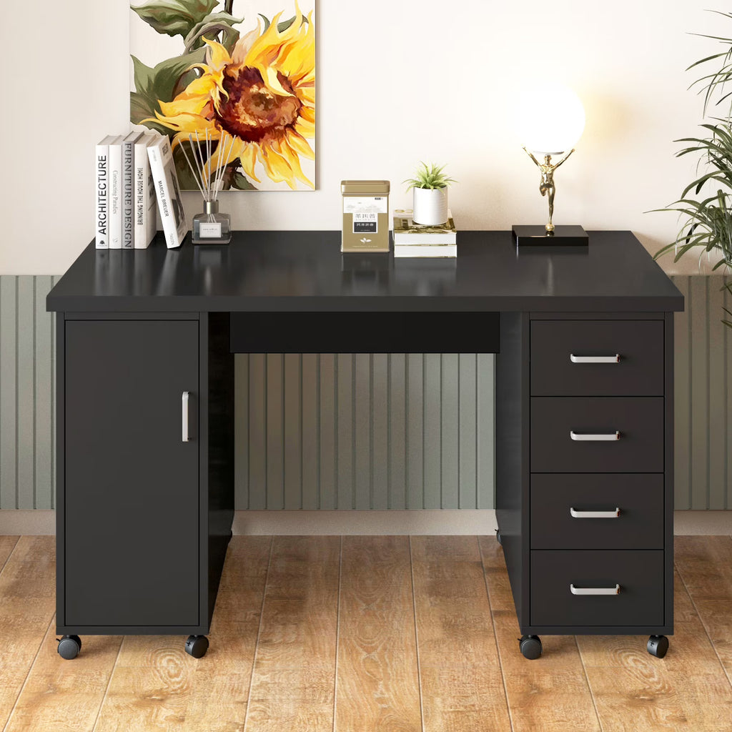 Sesslife White Computer Desk, Writing Desk with Lockable Wheels Modern Wood Study Desk with 4 Drawers for Home Office Workstation