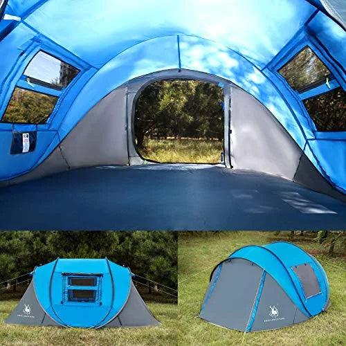 4 Person Easy Pop Up Tent,9.5'X6.6'X52'',Waterproof, Automatic Setup,2 Doors-Instant Family Tents for Camping, Hiking & Traveling, Blue