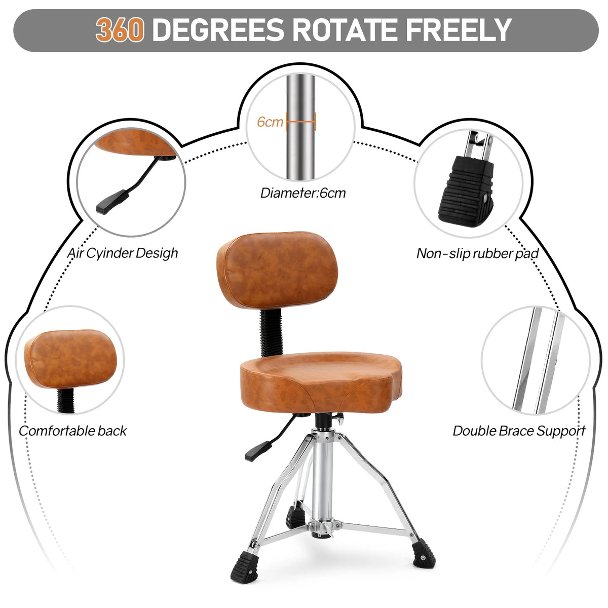 Ktaxon Adjustable Drum Throne with Backrest, 360 Rotating Hydraulic Seat, Thick Cushion for Home, Classroom, and Concert Use, Black
