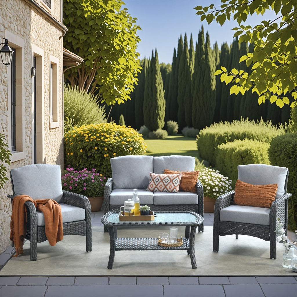 Vcatnet 4 Pieces Outdoor Patio Furniture All-weather Wicker Conversation Set with Coffee Table for Garden,Poolside,Gray