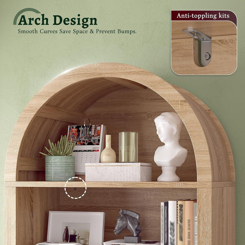 Bookshelf Arched Cabinet,5-Tier Arched Bookcase with Doors and Adjustable Shelves,Wooden Storage Cabinet with Open Display Shelf for Office,Living Room Light Oak