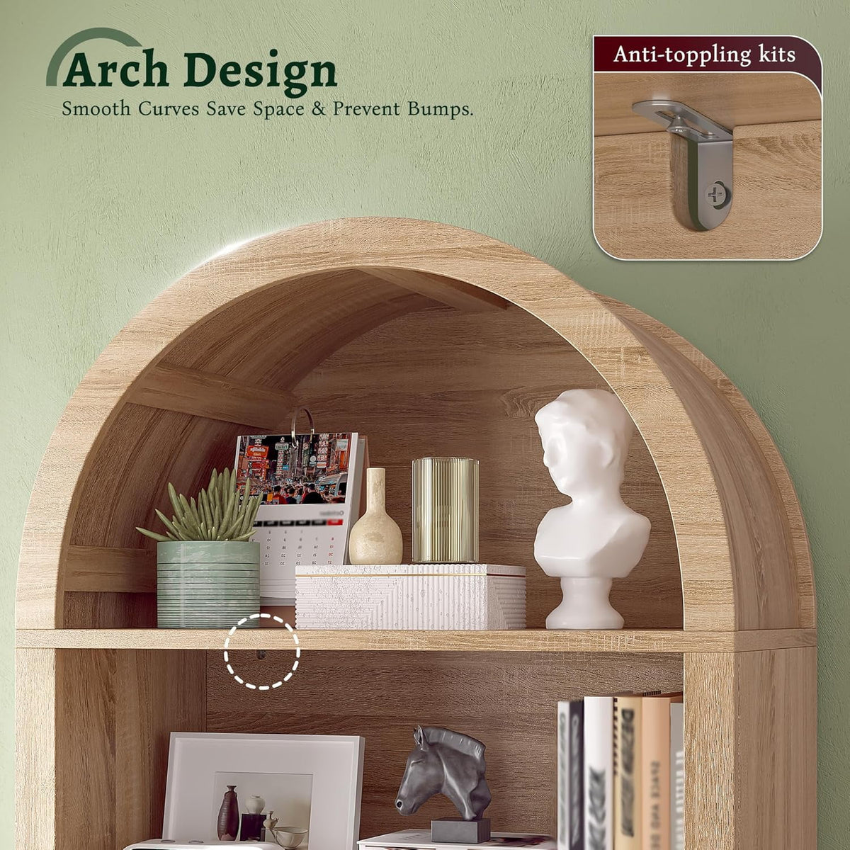 Bookshelf Arched Cabinet,5-Tier Arched Bookcase with Doors and Adjustable Shelves,Wooden Storage Cabinet with Open Display Shelf for Office,Living Room Light Oak
