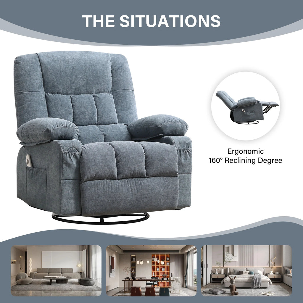 JONPONY Massage Swivel Rocker Recliner Chair with Vibration Massage and Heat Ergonomic Lounge Chair for Living Room with Rocking Function and Side Pocket, 2 Cup Holders, USB Charge Port,Grey