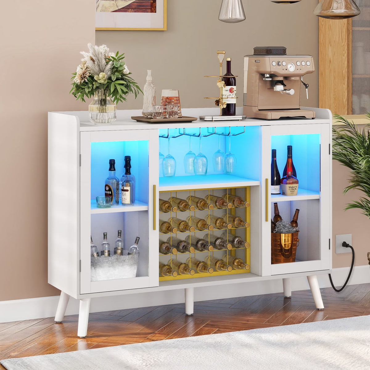 DEXTRUS Wine Bar Cabinet with Power Outlet & LED Light, Cabinet with Wine Rack & Glass Holder, White