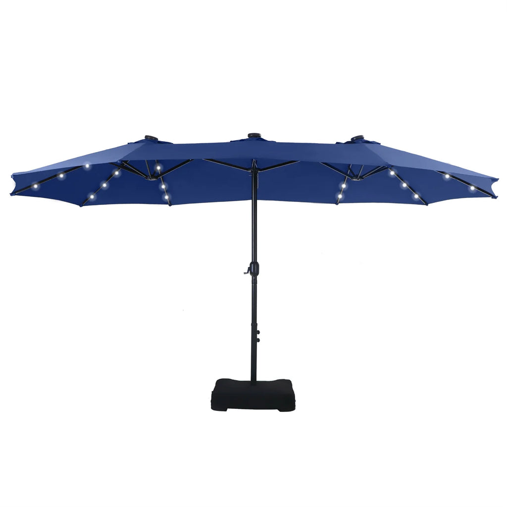 Summit Living 15 FT Double-Sided Solar Patio Umbrella with Base Large Outdoor Umbrella with LED Solar Lights - Haze Blue
