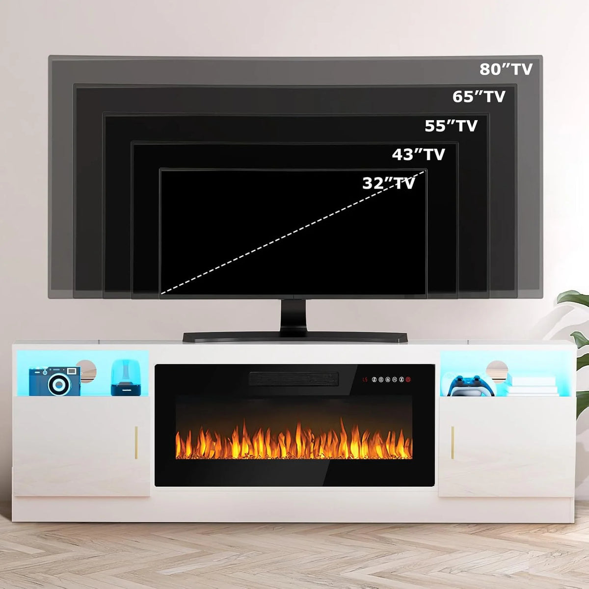 Waleaf Fireplace tv Stand with 36 inch Fireplace Up to 80" TVs,LED Light Entertainment Center and Storage