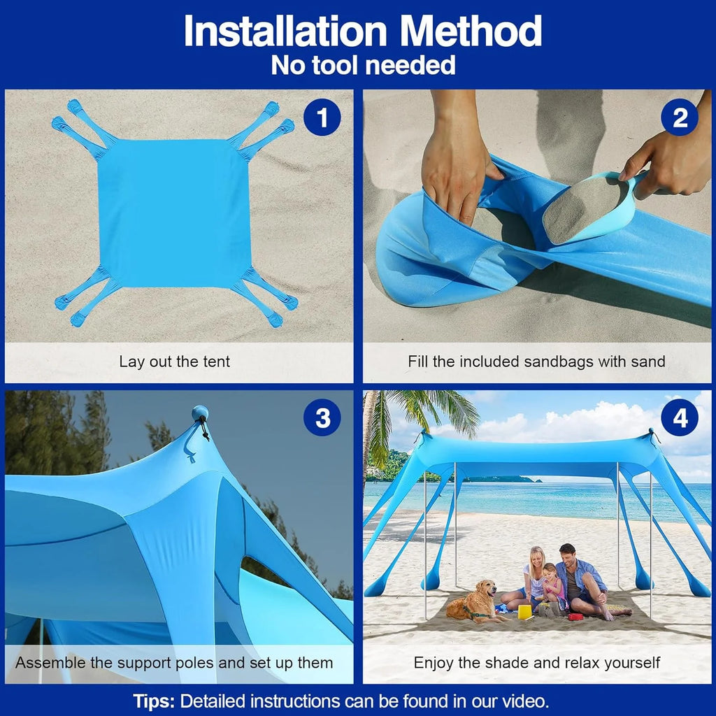 Rhino Valley Beach Tent Sun Shelter, Beach Canopy Tent Sun Shade U PF 50+ Protection with 8 Sandbags 4 Stability Poles, Outdoor Beach Shade Canopy for Beach, Camping, Fishing